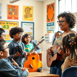 A vibrant classroom scene featuring a dedicated English teacher engaging with a diverse group of students