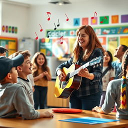 A dynamic classroom scene where an enthusiastic English teacher is using music to engage her students in language learning