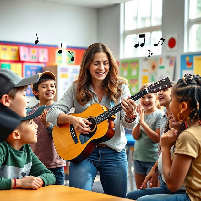 A dynamic classroom scene where an enthusiastic English teacher is using music to engage her students in language learning