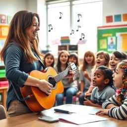 A dynamic classroom scene where an enthusiastic English teacher is using music to engage her students in language learning