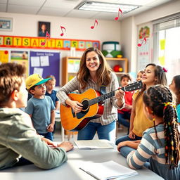A dynamic classroom scene where an enthusiastic English teacher is using music to engage her students in language learning