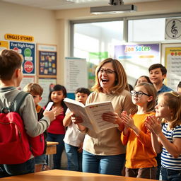 A lively classroom scene depicting an energetic English teacher leading a lesson with songs