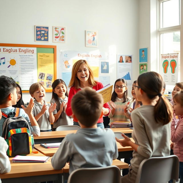 A lively classroom scene depicting an energetic English teacher leading a lesson with songs