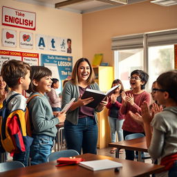 A lively classroom scene depicting an energetic English teacher leading a lesson with songs