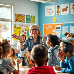 A vibrant classroom scene highlighting a dynamic teacher enthusiastically teaching English language to a diverse group of students using lively songs