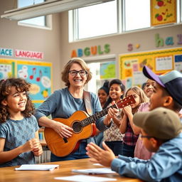 A vibrant classroom scene highlighting a dynamic teacher enthusiastically teaching English language to a diverse group of students using lively songs