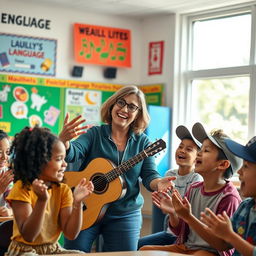 A vibrant classroom scene highlighting a dynamic teacher enthusiastically teaching English language to a diverse group of students using lively songs