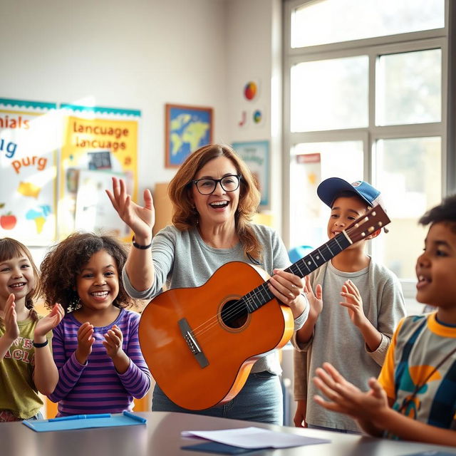 A vibrant classroom scene highlighting a dynamic teacher enthusiastically teaching English language to a diverse group of students using lively songs