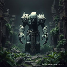 A stone golem with intricate carvings that closely resemble those of an ancient civilization, standing ominously in the midst of crumbling ruins, which are heavily overgrown with various lush green plants