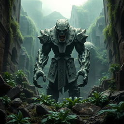 A stone golem with intricate carvings that closely resemble those of an ancient civilization, standing ominously in the midst of crumbling ruins, which are heavily overgrown with various lush green plants