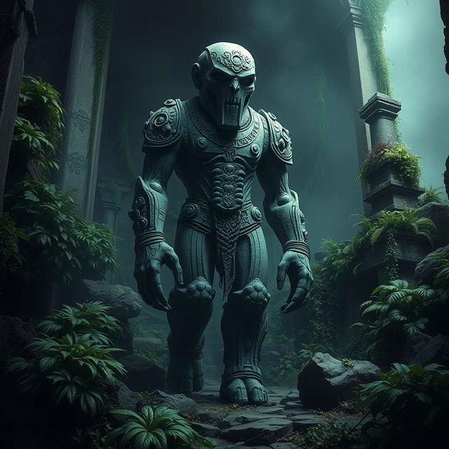 A stone golem with intricate carvings that closely resemble those of an ancient civilization, standing ominously in the midst of crumbling ruins, which are heavily overgrown with various lush green plants