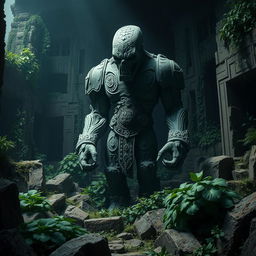 A stone golem with intricate carvings that closely resemble those of an ancient civilization, standing ominously in the midst of crumbling ruins, which are heavily overgrown with various lush green plants