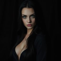 A dark, moody portrait of a mysterious woman with long flowing black hair, dressed in an elegant black gown that shimmers slightly in dim light