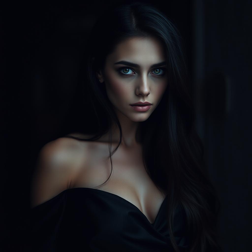 A dark, moody portrait of a mysterious woman with long flowing black hair, dressed in an elegant black gown that shimmers slightly in dim light