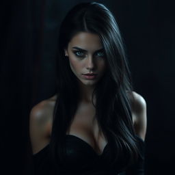 A dark, moody portrait of a mysterious woman with long flowing black hair, dressed in an elegant black gown that shimmers slightly in dim light