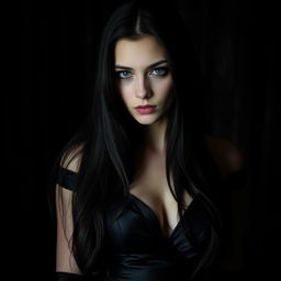 A dark, moody portrait of a mysterious woman with long flowing black hair, dressed in an elegant black gown that shimmers slightly in dim light