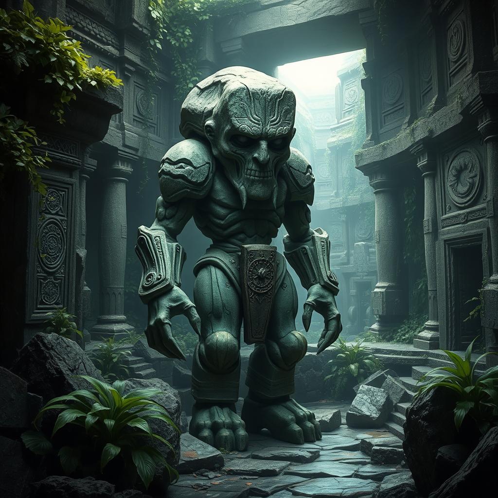 A stone golem standing alone amidst ancient ruins, intricately carved with designs that resemble an ancient civilization