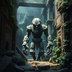 A stone golem standing alone amidst ancient ruins, intricately carved with designs that resemble an ancient civilization