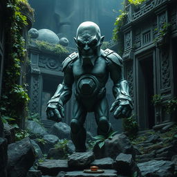 A stone golem standing alone amidst ancient ruins, intricately carved with designs that resemble an ancient civilization