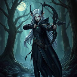 A dark elf character with elongated ears, standing in a mystical, enchanted forest