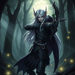 A dark elf character with elongated ears, standing in a mystical, enchanted forest