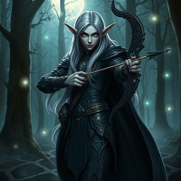 A dark elf character with elongated ears, standing in a mystical, enchanted forest