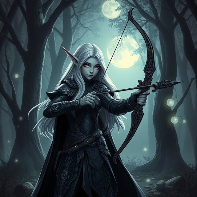 A dark elf character with elongated ears, standing in a mystical, enchanted forest