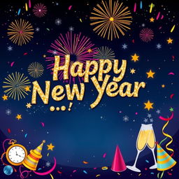 A vibrant and festive New Year banner design, featuring colorful fireworks exploding in the night sky, a large 'Happy New Year' in sparkling gold letters, decorated with snowflakes and stars
