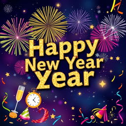 A vibrant and festive New Year banner design, featuring colorful fireworks exploding in the night sky, a large 'Happy New Year' in sparkling gold letters, decorated with snowflakes and stars