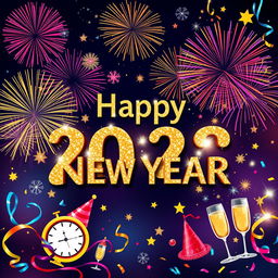 A vibrant and festive New Year banner design, featuring colorful fireworks exploding in the night sky, a large 'Happy New Year' in sparkling gold letters, decorated with snowflakes and stars