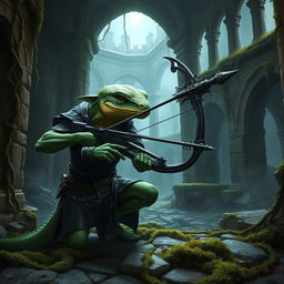 A sinister-looking lizardfolk assassin, with scaly green skin and sharp reptilian features, is crouched and aiming a sleek, ornate crossbow