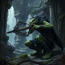 A sinister-looking lizardfolk assassin, with scaly green skin and sharp reptilian features, is crouched and aiming a sleek, ornate crossbow