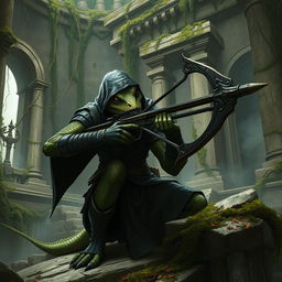 A sinister-looking lizardfolk assassin, with scaly green skin and sharp reptilian features, is crouched and aiming a sleek, ornate crossbow