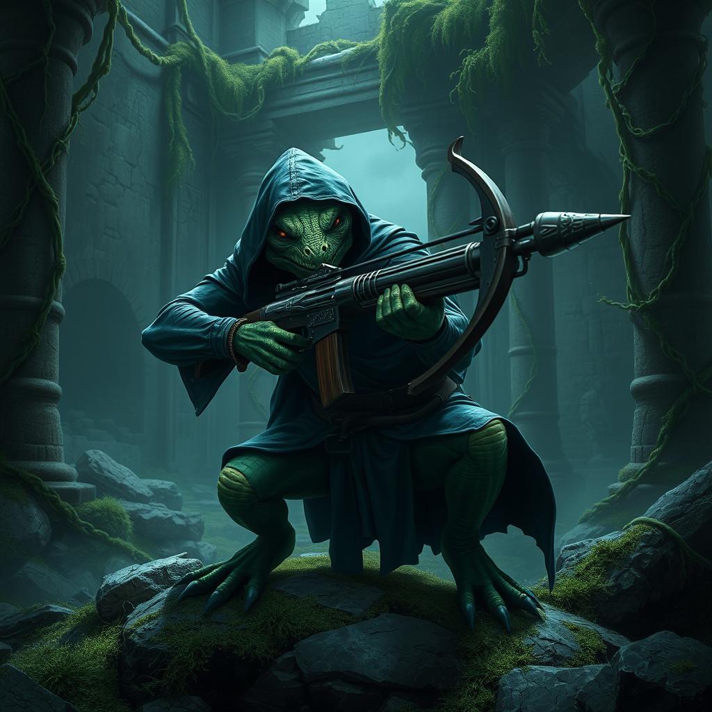 A sinister-looking lizardfolk assassin, with scaly green skin and sharp reptilian features, is crouched and aiming a sleek, ornate crossbow