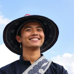 A stylish individual wearing a traditional Nepali Dhaka topi, with a serene and airy background featuring soft clouds and blue skies