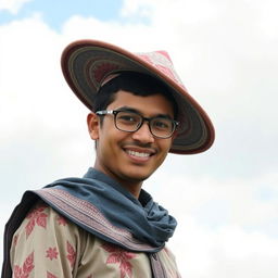 A stylish individual wearing a traditional Nepali Dhaka topi, with a serene and airy background featuring soft clouds and blue skies