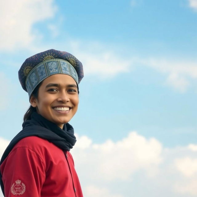 A stylish individual wearing a traditional Nepali Dhaka topi, with a serene and airy background featuring soft clouds and blue skies