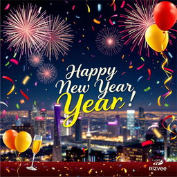 A beautifully designed New Year greeting card from Rizvee, featuring festive elements such as sparkling fireworks in the night sky, vibrant confetti falling, and a cheerful message saying 'Happy New Year!' in elegant calligraphy