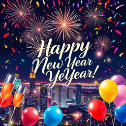 A beautifully designed New Year greeting card from Rizvee, featuring festive elements such as sparkling fireworks in the night sky, vibrant confetti falling, and a cheerful message saying 'Happy New Year!' in elegant calligraphy