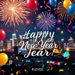 A beautifully designed New Year greeting card from Rizvee, featuring festive elements such as sparkling fireworks in the night sky, vibrant confetti falling, and a cheerful message saying 'Happy New Year!' in elegant calligraphy