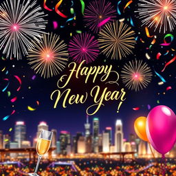 A beautifully designed New Year greeting card from Rizvee, featuring festive elements such as sparkling fireworks in the night sky, vibrant confetti falling, and a cheerful message saying 'Happy New Year!' in elegant calligraphy