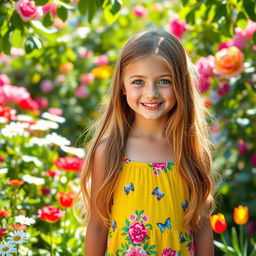 A portrait of a girl with long flowing hair wearing a vibrant summer dress, standing in a lush garden filled with colorful flowers and greenery