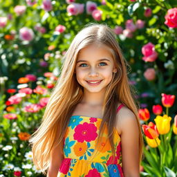 A portrait of a girl with long flowing hair wearing a vibrant summer dress, standing in a lush garden filled with colorful flowers and greenery