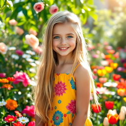 A portrait of a girl with long flowing hair wearing a vibrant summer dress, standing in a lush garden filled with colorful flowers and greenery