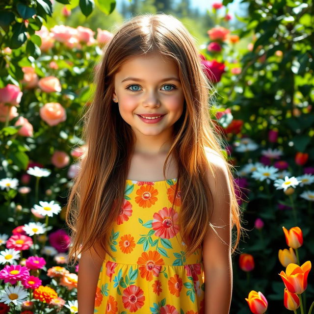 A portrait of a girl with long flowing hair wearing a vibrant summer dress, standing in a lush garden filled with colorful flowers and greenery