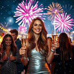 A celebratory New Year scene with vibrant fireworks lighting up the night sky, a beautiful winter setting adorned with twinkling lights and snowflakes gently falling