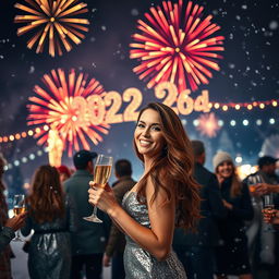 A celebratory New Year scene with vibrant fireworks lighting up the night sky, a beautiful winter setting adorned with twinkling lights and snowflakes gently falling
