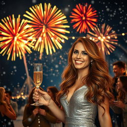 A celebratory New Year scene with vibrant fireworks lighting up the night sky, a beautiful winter setting adorned with twinkling lights and snowflakes gently falling