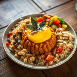 A beautifully arranged plate of Bobotie, the traditional South African dish