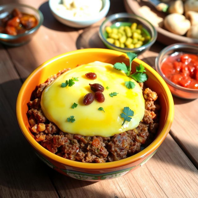 A traditional South African bobotie dish served in a vibrant, colorful bowl